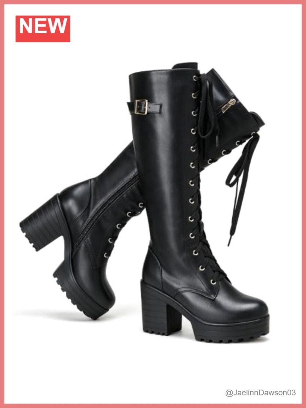 Platform Block Heel Knee High Boots Lace Up Vegan PU Leather